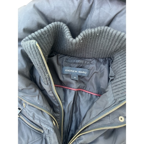 Andrew Marc Black Down Puffer Coat Fur Hood Long Parka XS - Picture 2 of 2